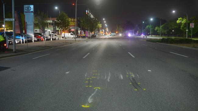 Gouge marks on West Tce show the initial point of impact, near the intersection with Alfred St. Picture: SA Police