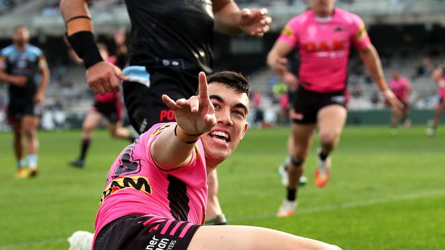 How good is this! Penrith's Charlie Staines after scoring against the Cronulla Sharks. Pic: Phil Hillyard.