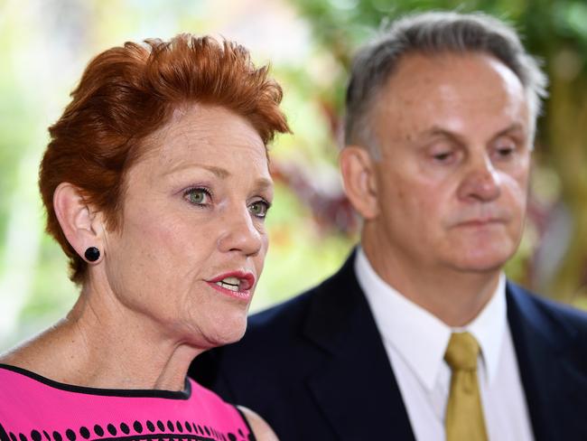 One Nation party leader Pauline Hanson (left) and One Nation candidate and state leader for NSW Mark Latham speak to the media in Sydney, Wednesday, November 7, 2018. Mark Latham is joining forces with Pauline Hanson's One Nation to chase a seat in the NSW parliament. Mr Latham, who is running as an upper house candidate, will also lead the minor party in NSW. (AAP Image/Joel Carrett) NO ARCHIVING