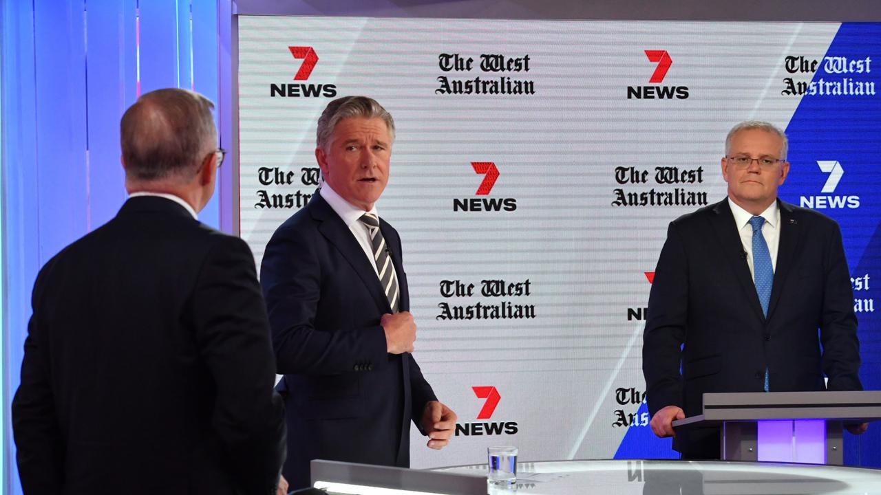 Australian Prime Minister Scott Morrison and Australian Opposition Leader Anthony Albanese during the third leaders' debate at Seven Network Studios. Picture: AAP