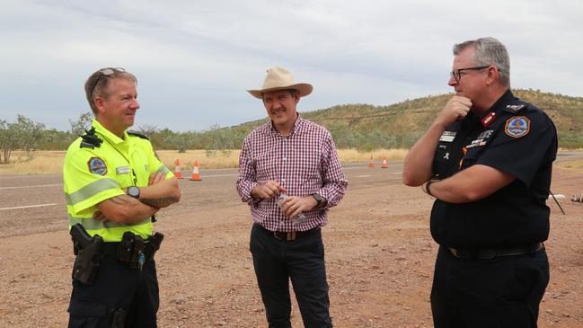 Chief Minister Michael Gunner with NT Police Constable Clinton Richardson (left) and Commissioner Jamie Chalker (right) yesterday checking on the NT’s border controls. Picture: Supplied