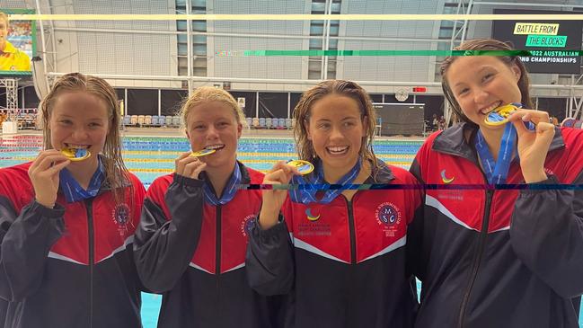 The Manly Swimming Club's women's 4x100m freestyle team who won gold at the Australian Open National Swimming Championships in Adelaide in May. (Left to right) Lauren Wilson, Lillee McPherson, Charli Brown and Georgina Seton. Picture: Manly Swimming Club