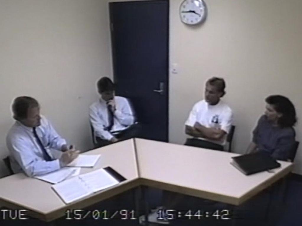Chris Dawson (second from the right) during a police interview in January 1991. Picture: Supplied