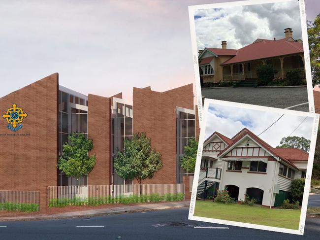 Artist's impression of the new Mt St Michael's College building and (inset, top) Grantully House will be preserved but (inset, bottom) this Ashgrovian will be demolished
