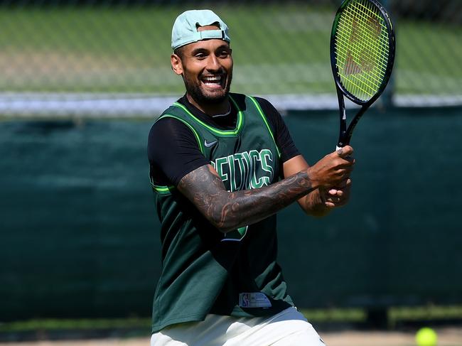 LONDON, ENGLAND - JULY 07: Nick Kyrgios of Australia trains on a practice court on day eleven of The Championships Wimbledon 2022 at All England Lawn Tennis and Croquet Club on July 07, 2022 in London, England. (Photo by Shaun Botterill/Getty Images)