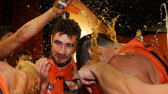 Kristian Jaksch and Tom Boyd celebrate a GWS victory.