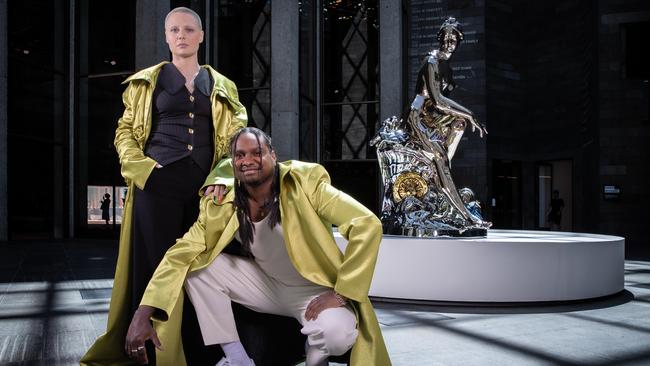 Baker Boy dressed in Alexander McQueen with Aurie Spencer-Gill at the National Gallery of Victoria. Picture: Jason Edwards