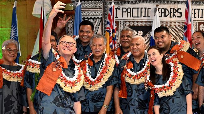 Anthony Albanese takes a selfie with fellow leaders during last year’s Pacific Islands Forum in Suva. Picture: William West/AFP