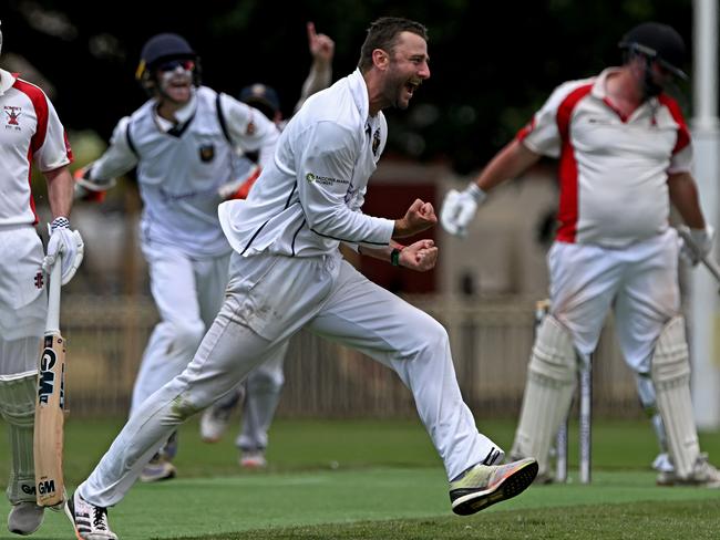 Bacchus MarshÃs Brenton Payne celebrates the wicket of RomseyÃs Taylor Stevenson during the GDCA Bacchus Marsh v Romsey cricket match at MacPherson Park in Maddingley, Saturday, Feb. 4, 2023.Picture: Andy Brownbill