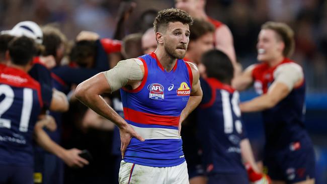 The Bulldogs couldn’t keep pace with the Demons on Saturday night. (Photo by Michael Willson/AFL Photos via Getty Images)