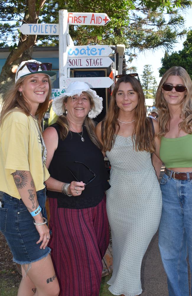 Maddie Paske-Arnold, Sue Paske-Arnold, Tayla Paske-Arnold, Chelsea Paske-Arnold at day 3 of the 2023 Caloundra Music Festival. Photo: Elizabeth Neil