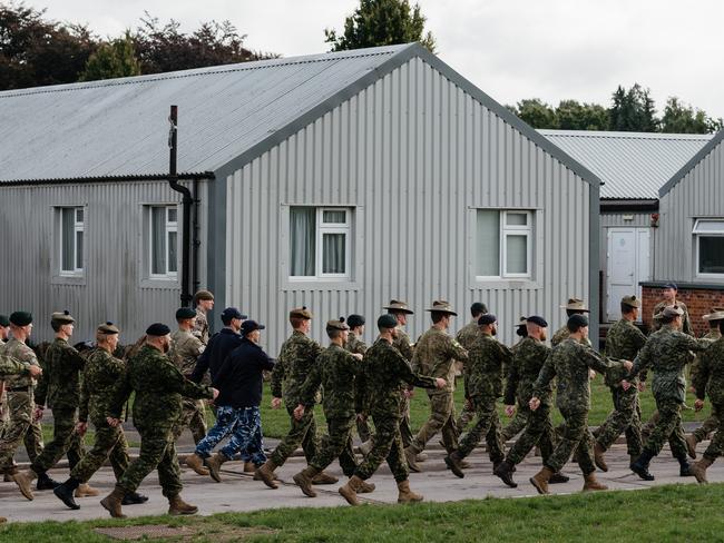 Australian Defence Force and Canadian Armed Forces personnel during a parade rehearsal at the Army Training Centre Pirbright, Woking, England. Picture: Supplied.