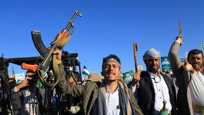 Armed Yemenis chant slogans during a march in solidarity with the people of Gaza on November 24, 2023, in the Houthi-controlled capital Sana. Picture: MOHAMMED HUWAIS / AFP