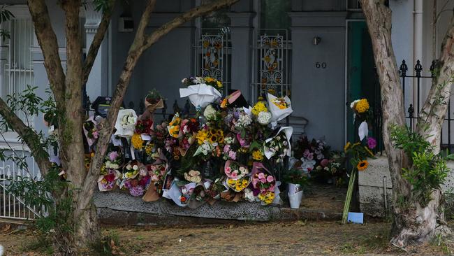 Floral tributes for the couple were left outside the Paddington terrace house. Picture: NewsWire / Monique Harmer