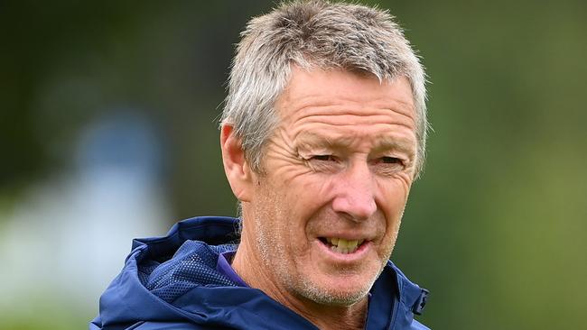 MELBOURNE, AUSTRALIA - MARCH 21: Craig Bellamy the coach of the Storm looks on during a Melbourne Storm NRL training session at Gosch's Paddock on March 21, 2023 in Melbourne, Australia. (Photo by Quinn Rooney/Getty Images)