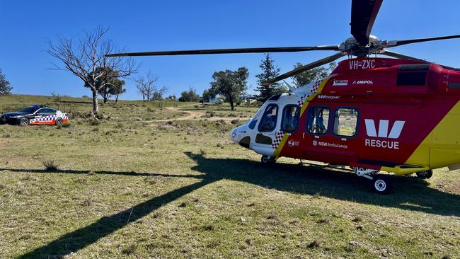 The Westpac Rescue Helicopter at the farm on Sunday.