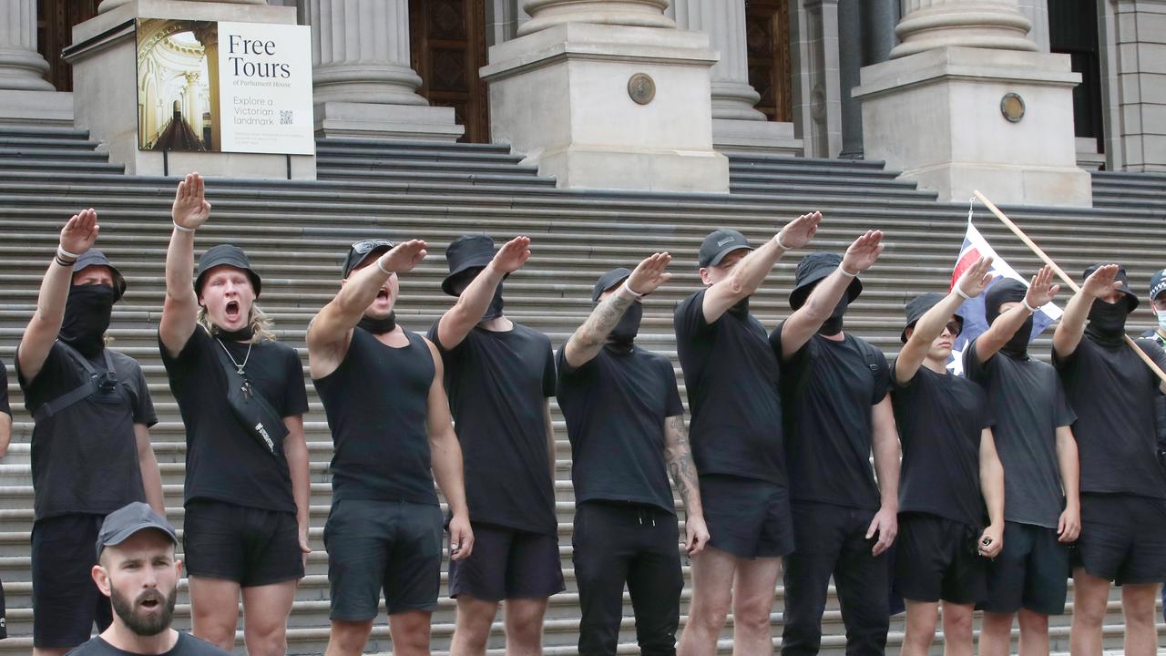 Dressed in all black, the group repeatedly performed the Nazi salute. Picture: NCA NewsWire / David Crosling