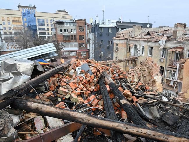 The debris of a residential building, partially destroyed after a missile strike on Kharkiv. Picture: AFP