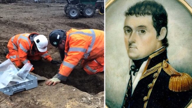 Workers near London’s Euston Station discovered Flinders’ remains in 2019 and, right, a portrait of Flinders before his circumnavigation of Australia (picture: State Library of New South Wales).