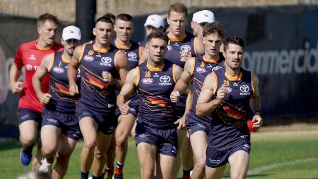 Crows Training at West Lakes - Recruit Alex Neal-Bullen, number 28, leads his running group in a time trial. Picture: Dean Martin