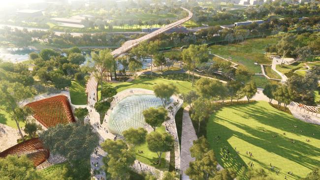 Brisbane 2032 Olympic Games renders of sporting venues proposed for development at Victoria Park show an artist’s impression of the Cultural Hub that will host equestrian cross country. Picture supplied by Populous