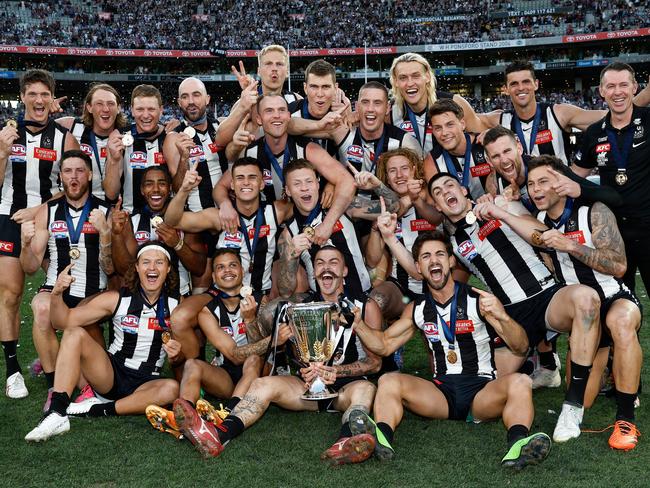 MELBOURNE, AUSTRALIA - SEPTEMBER 30: The Magpies celebrate during the 2023 AFL Grand Final match between the Collingwood Magpies and the Brisbane Lions at the Melbourne Cricket Ground on September 30, 2023 in Melbourne, Australia. (Photo by Michael Willson/AFL Photos via Getty Images)