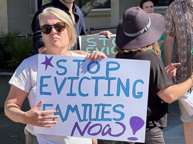 Renters and housing advocates rally at Parliament House in Perth for the State Government to end without grounds evictions.