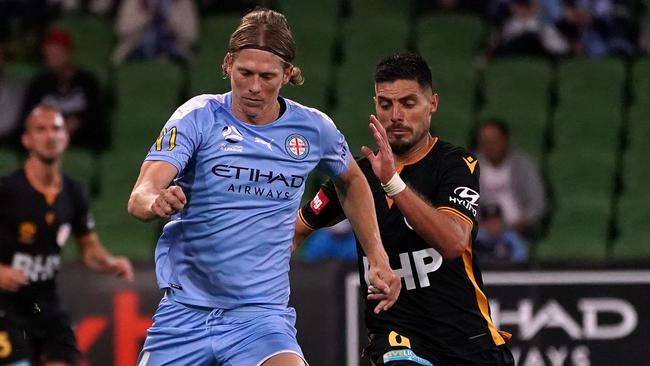 City centre back Harrison Delbridge is ready for a scrap against Victory. Picture: AAP