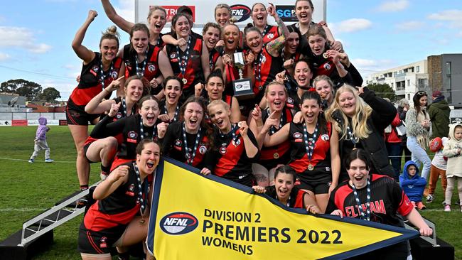 Eltham players celebrate their NFL Division 2 women’s premiership. Picture: Andy Brownbill