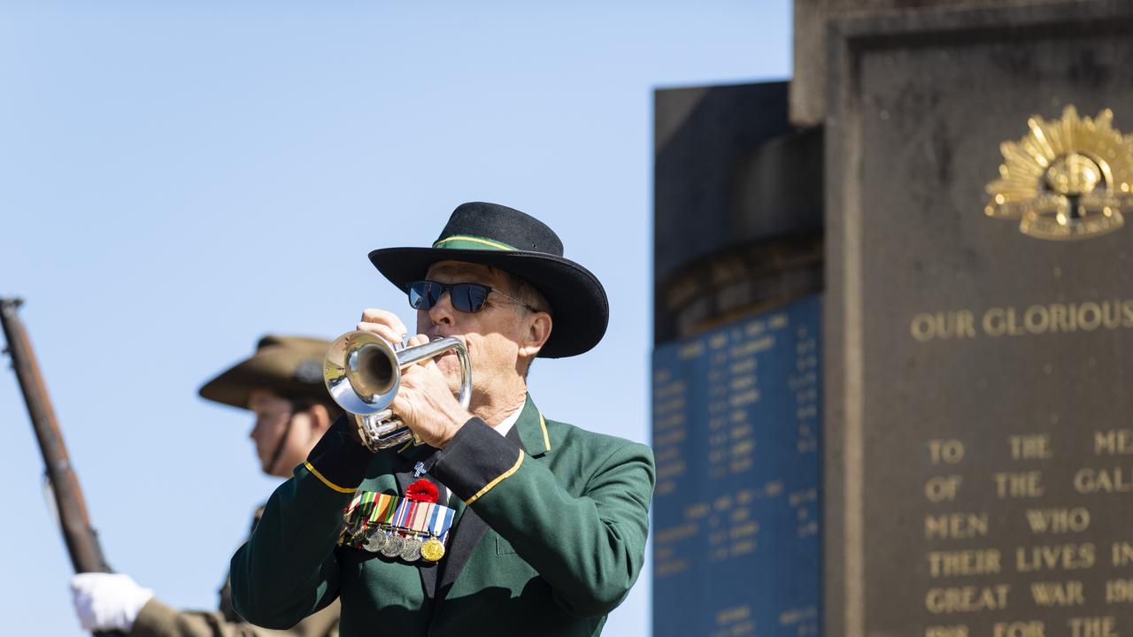 Alan Skerman plays the Last Post at the Anzac Day Toowoomba mid-morning Service of Remembrance at the Mothers' Memorial, Tuesday, April 25, 2023. Picture: Kevin Farmer