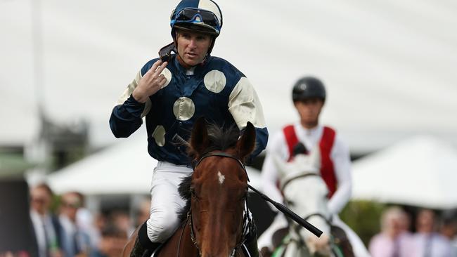 SYDNEY, AUSTRALIA - OCTOBER 05: Tommy Berry riding  St Lawrence wins Race 5 Alinta Energy during Sydney Racing at Royal Randwick Racecourse on October 05, 2024 in Sydney, Australia. (Photo by Jeremy Ng/Getty Images)