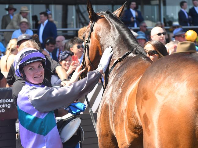 MELBOURNE, AUSTRALIA - FEBRUARY 10: Jamie Kah riding Hayasugi after win in Race 7, the Sportsbet Blue Diamond Prelude Fillies, during Melbourne Racing at Caulfield Racecourse on February 10, 2024 in Melbourne, Australia. (Photo by Vince Caligiuri/Getty Images)