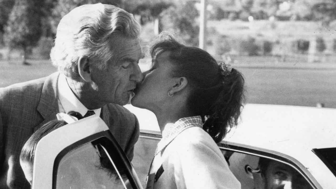 Bob Hawke gets a kiss from Reynella East High School student Candy Scroop, 15 after his visit to the Reynella East school campus while campaigning in the southern Adelaide federal seat of Kingston in 1989.