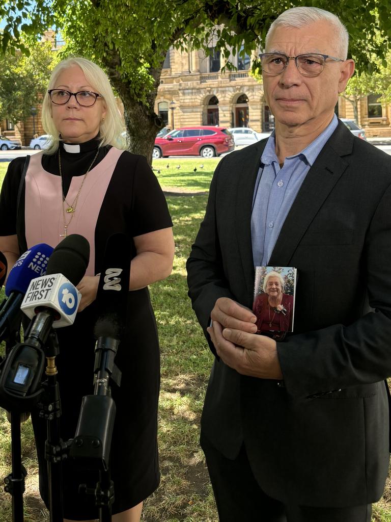 Maria Dimasi’s children Reverend Carmel Ieraci and Vince Dimasi outside court.