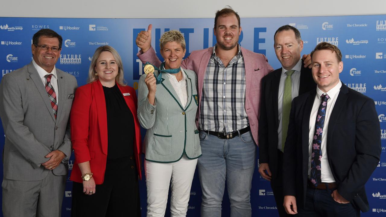 At Future Toowoomba lunch are (from left) Peter Gleeson, Erika Brayshaw, Nat Cook, Matt Deny, Jason Scott and Jordan Philp at Wellcamp Airport, Friday, December 3, 2021. Picture: Kevin Farmer