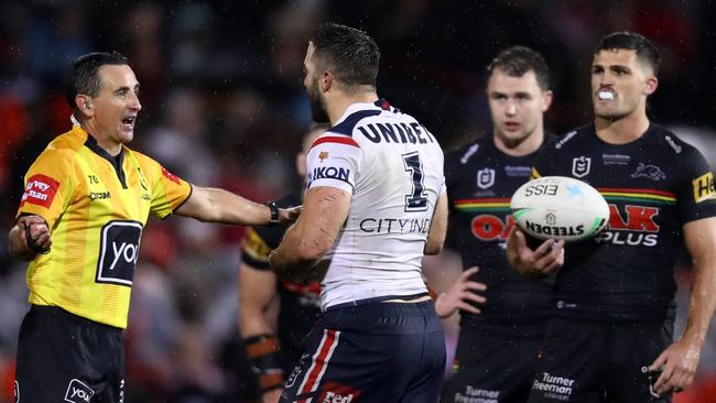 James Tedesco remonstrates with referee Gerard Sutton (Photo by Jason McCawley/Getty Images)