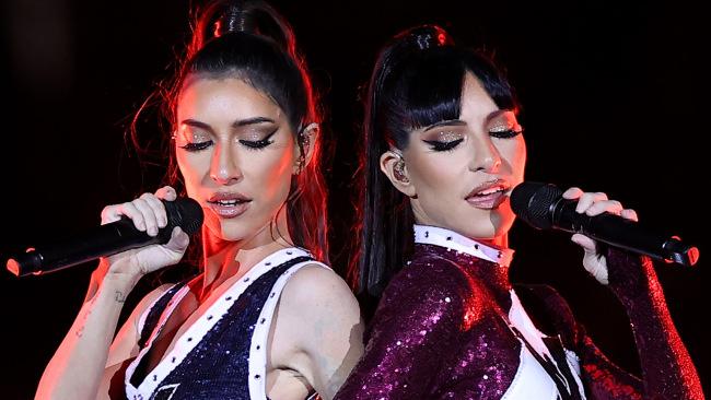 Lisa Origliasso and Jessica Origliasso of The Veronicas perform before game one of the 2021 State of Origin series. Picture: Mark Kolbe/Getty Images