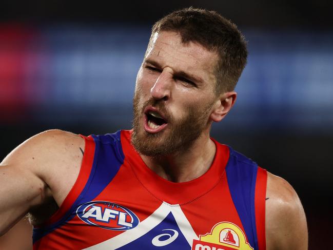 MELBOURNE, AUSTRALIA - August 4, 2023. AFL .        Bulldog Marcus Bontempelli celebrates a 3rd quarter goal during the round 21 match between the Western Bulldogs and Richmond at Marvel Stadium in Melbourne.   Photo by Michael Klein.