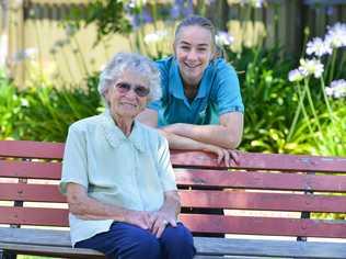 Amber Marchesini with aged care resident, Betty Brown. Amber did a VET Health service assistance certificate 3 at Australian Nursing and Midwifery Education Centre in year 11 and 12. Picture: AAP BRENTON EDWARDS