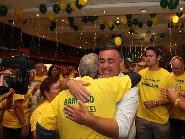 John Barilaro hugs his dad after winning his seat at the 2019 election. The Deputy Premier was hit hard by his dad’s death. Picture Kym Smith