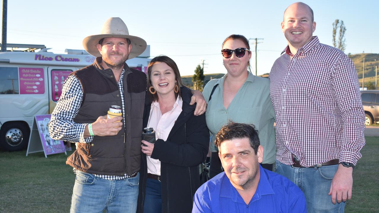 Matt Bohm, Chrystal Roberts, Carrie Bradfield, Quinton Coleman and Jason Bradfield from the Gold Coast visit the 2021 Killarney Rodeo for Bohm Industries. Photo: Madison Mifsud-Ure / Warwick Daily News