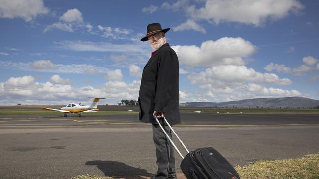 Phillip Adams, at Scone Airport in the Hunter Valley, a far cry from Qantas’ exclusive Chairman’s Lounge, from which he has been expelled. Picture: Peter Stoop