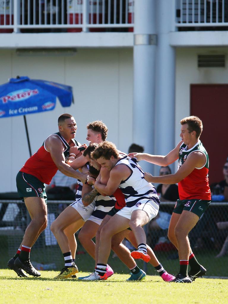 Tempers flared up on multiple occasions in the AFL Cairns Premiership men's match between the South Cairns Cutters and the Port Douglas Crocs, held at Fretwell Park, Bentley Park. Picture: Brendan Radke