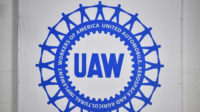 The logo of the United Auto Workers union (UAW) at the General Motors Factory in Detroit, Michigan. Picture: AFP.