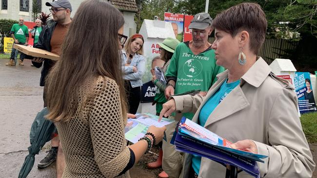 Independent candidate for Cowper Carolyn Heise talking with voters in Bellingen on election day. Picture: Janine Watson