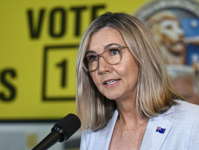 Suellen Wrightson leader of the Trumpet of Patriots party holds a press conference at Parliament House in Canberra. Picture: NewsWire / Martin Ollman