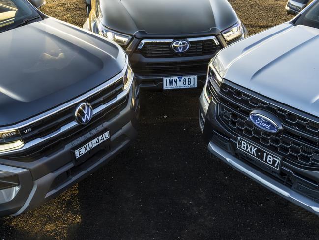 Volkswagen Amarok Pan Americana, Ford Ranger Wildtrak, Toyota HiLux Togue. Picture: Mark Bean