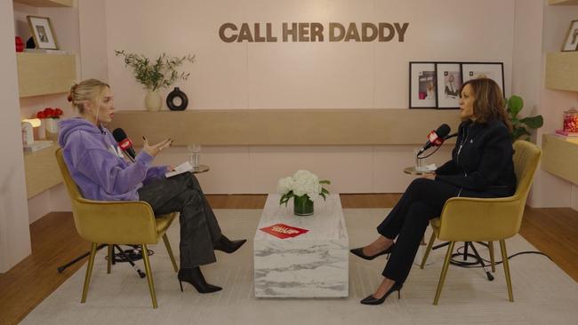 Kamala Harris sits for an interview with Alex Cooper on Call Her Daddy podcast.