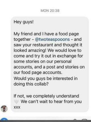 A micro-influencer wrote to a Melbourne restaurant to offer a collaboration opportunity. Picture: John Lethlean/Instagram