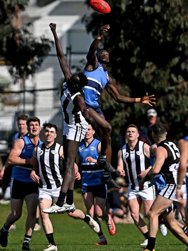 WRFL: Parkside’s John Atar and Point Cook Centrals’ Kwar Ater jump in the ruck. Picture: Andy Brownbill